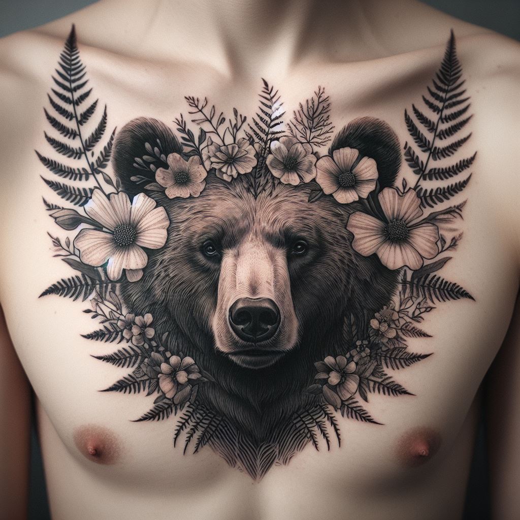 A tattoo of a bear's head with a crown of wildflowers and ferns across the upper chest, just below the collarbones. This design merges the bear's majestic nature with the delicacy of wild flora, symbolizing a balance between strength and gentility. The bear's gaze is calm yet penetrating, commanding attention. This tattoo uses fine lines for the bear's fur and detailed shading for the flowers, creating a contrast that highlights both the bear's fierceness and the flowers' elegance.