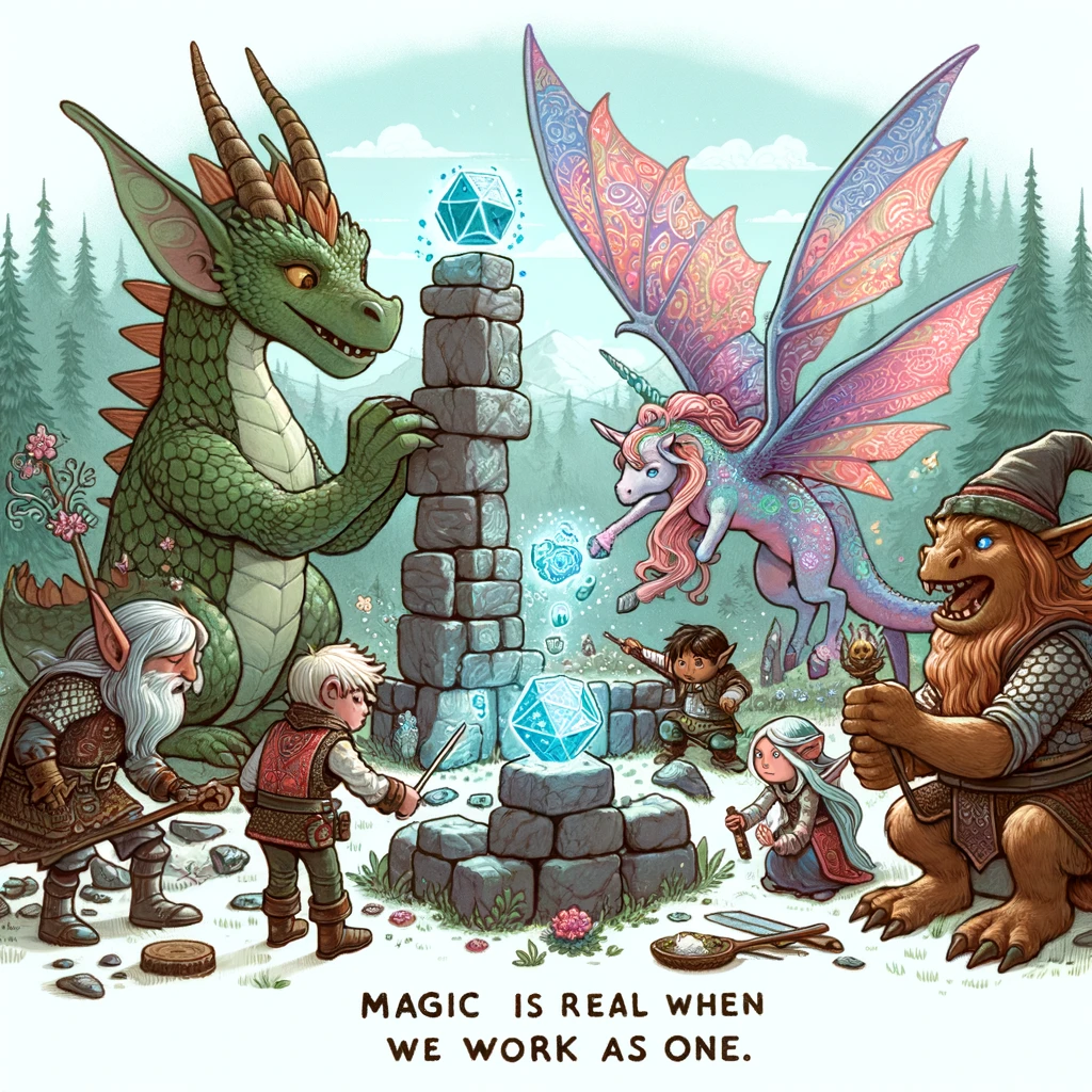 A group of fantasy creatures, including a dragon, a unicorn, a fairy, and a troll, working together to build a magical castle out of enchanted stones. The caption reads: 'Magic is real when we work as one.'