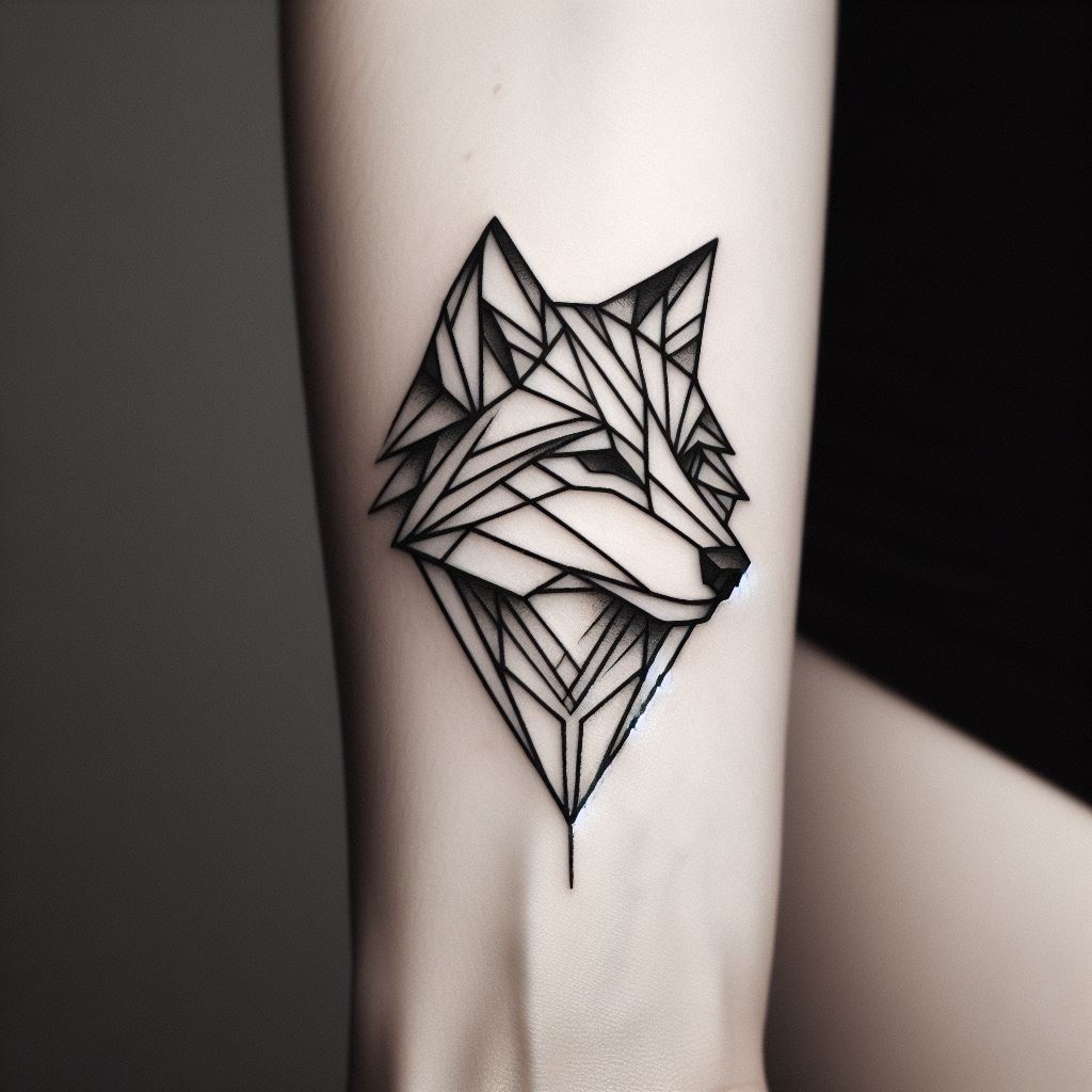 A small, geometric wolf head tattoo on the side of the hand, using sharp lines and angles to create a minimalist yet powerful animal portrait.