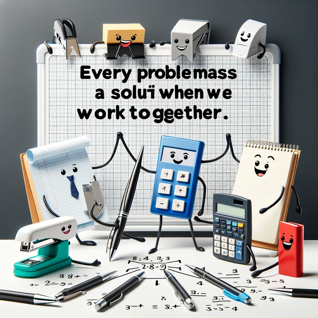 A group of office supplies, including a stapler, a pen, a notebook, and a calculator, with cartoon faces and arms, working together to solve a complex math problem on a whiteboard. The caption reads: 'Every problem has a solution when we work together.'