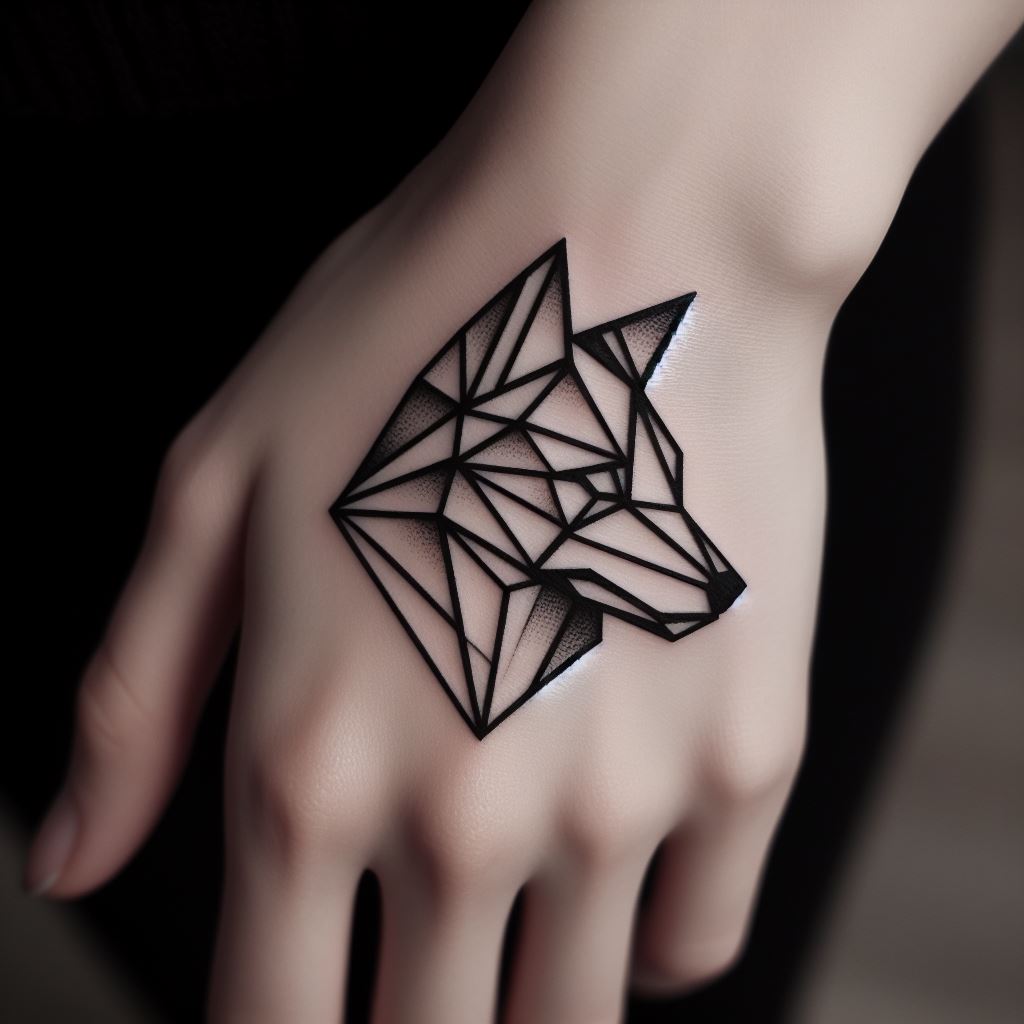 A small, geometric wolf head tattoo on the side of the hand, using sharp lines and angles to create a minimalist yet powerful animal portrait.