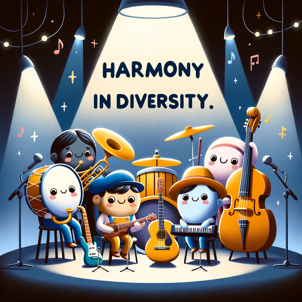 A band of musical instruments with cartoon faces, including a guitar, a drum, a piano, and a trumpet, playing together on stage under a spotlight. The caption reads: 'Harmony in diversity.'