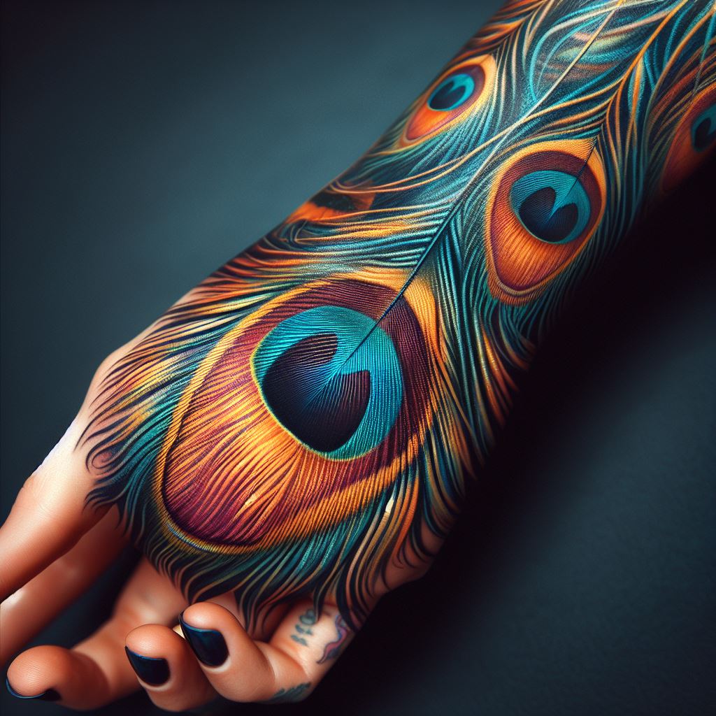 A vibrant peacock feather tattoo extending from the wrist to the middle finger, showcasing detailed colors and the eye-like pattern characteristic of the feather.