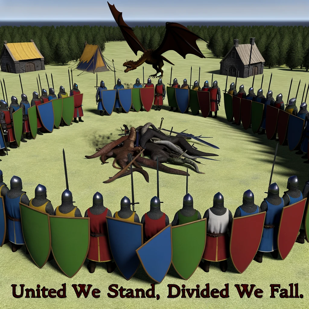 A group of medieval knights from different lands, holding shields and swords, standing together in a circle facing outward to protect a village from dragons. The caption reads: 'United we stand, divided we fall.'