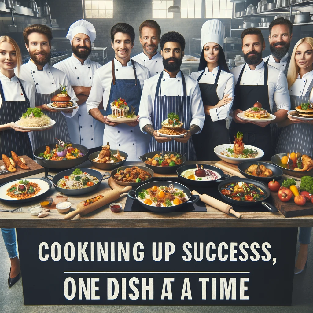 A team of chefs from around the world, each holding a dish from their country, standing together in a kitchen. The caption reads: 'Cooking up success, one dish at a time.'