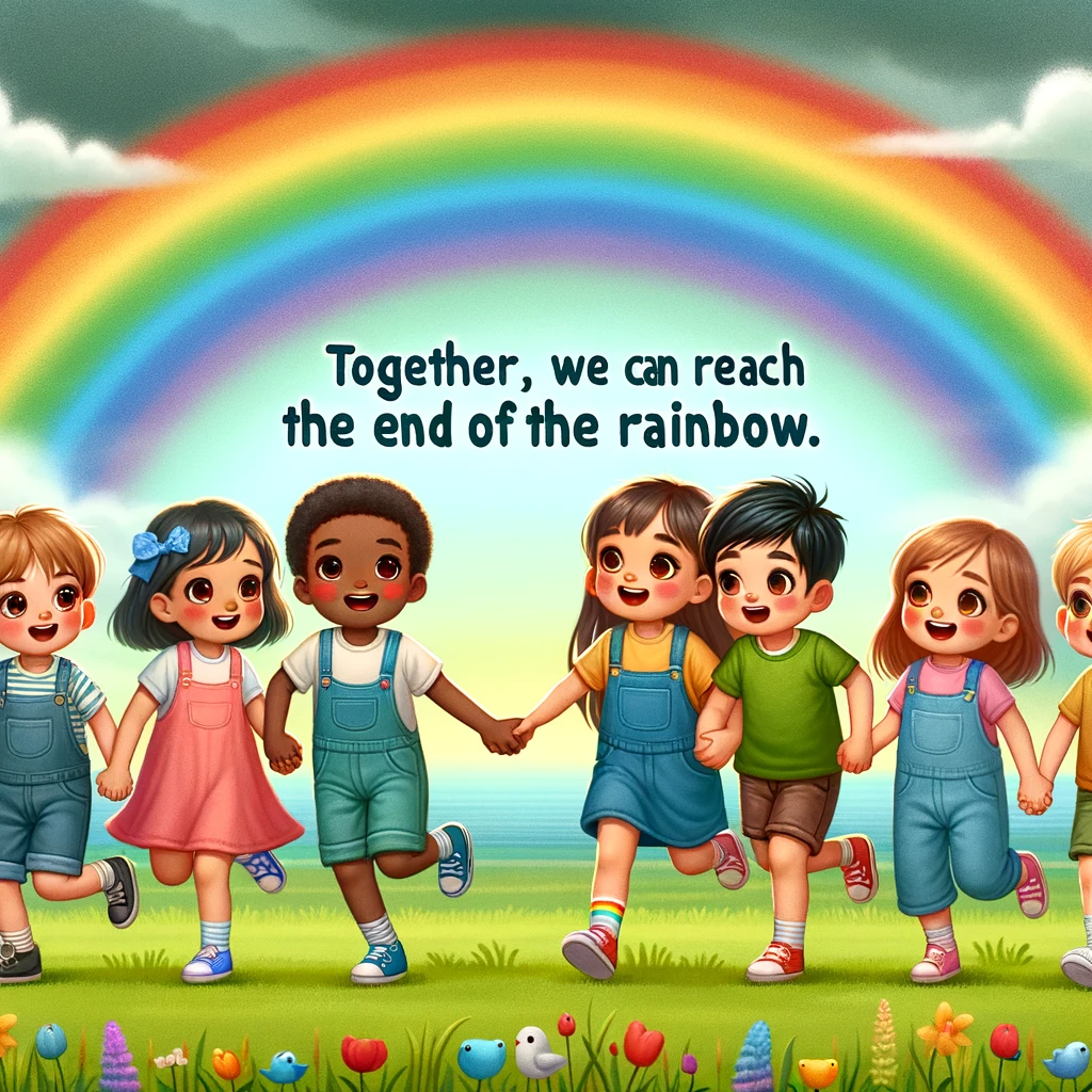 A group of children from different cultures, holding hands and running together across a field with a rainbow in the background. The caption reads: 'Together, we can reach the end of the rainbow.'