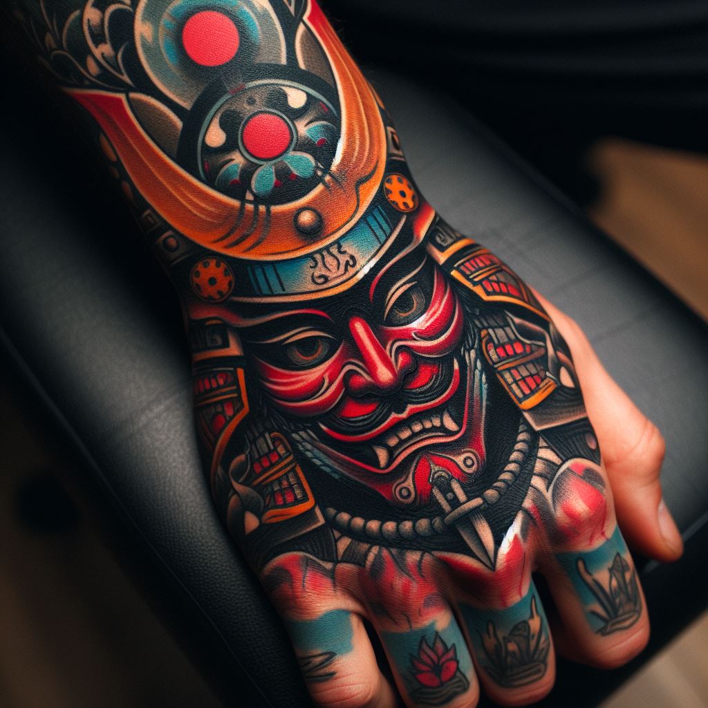 A Japanese samurai mask tattoo on the back of the hand, detailed with traditional colors and patterns, representing bravery and valor.