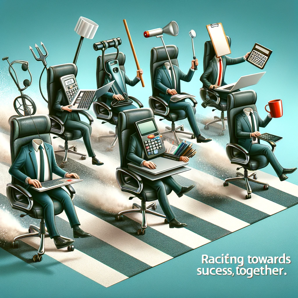 A group of office chairs racing towards a finish line, each with a different office tool (laptop, calculator, clipboard, coffee mug) as the driver. The caption reads: 'Racing towards success, together.'