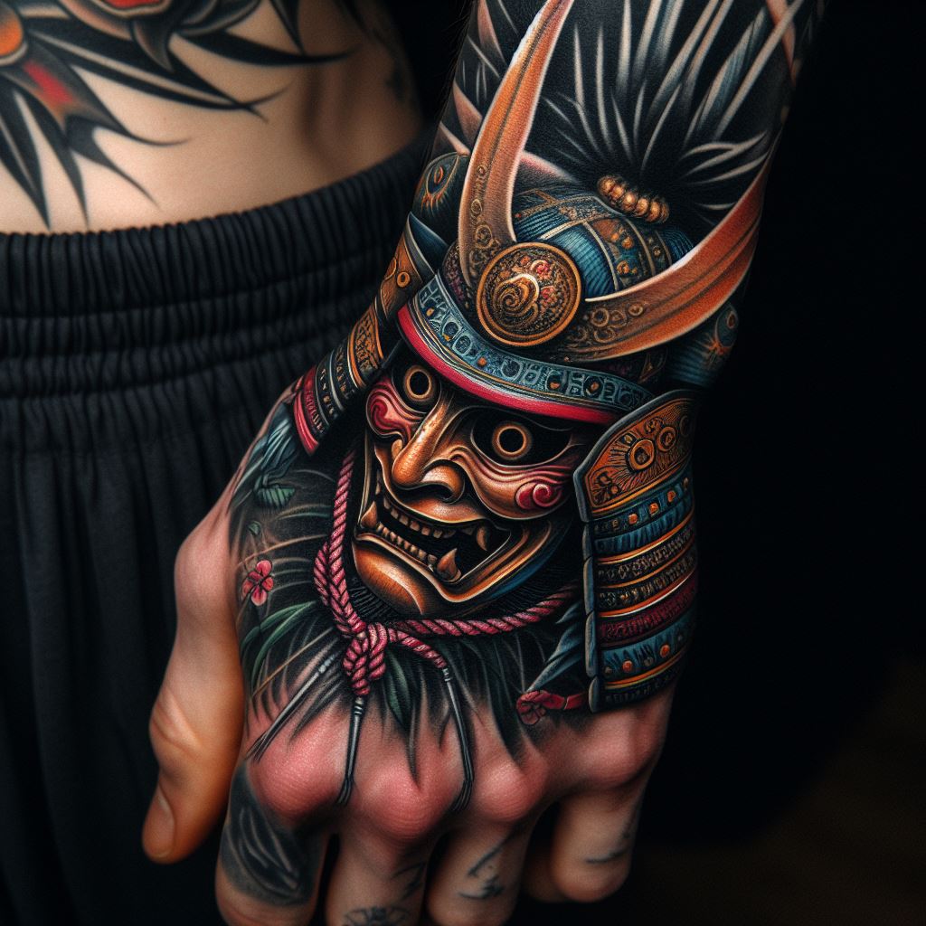 A Japanese samurai mask tattoo on the back of the hand, detailed with traditional colors and patterns, representing bravery and valor.