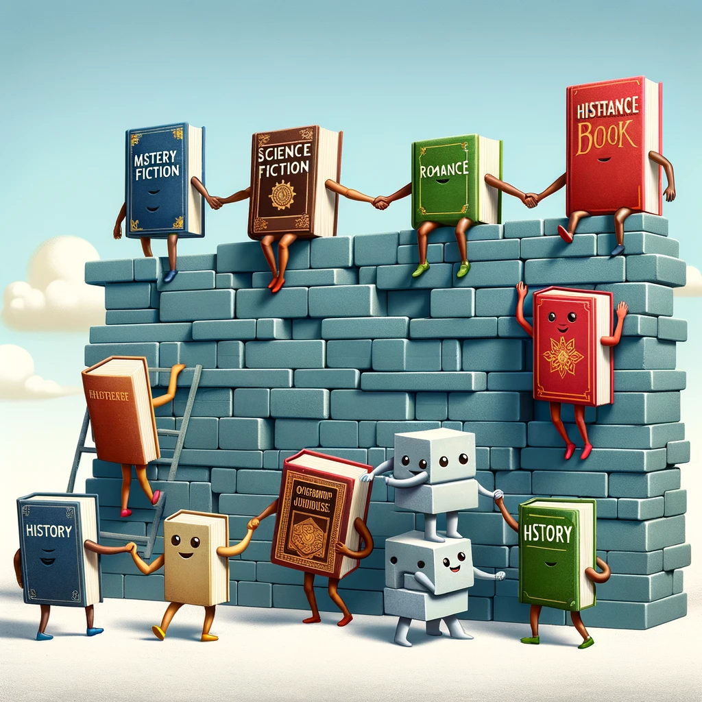 A group of books from different genres (mystery, science fiction, romance, history) with arms and legs, helping each other climb over a giant wall of blocks. The caption reads: 'Overcoming obstacles, one page at a time.'