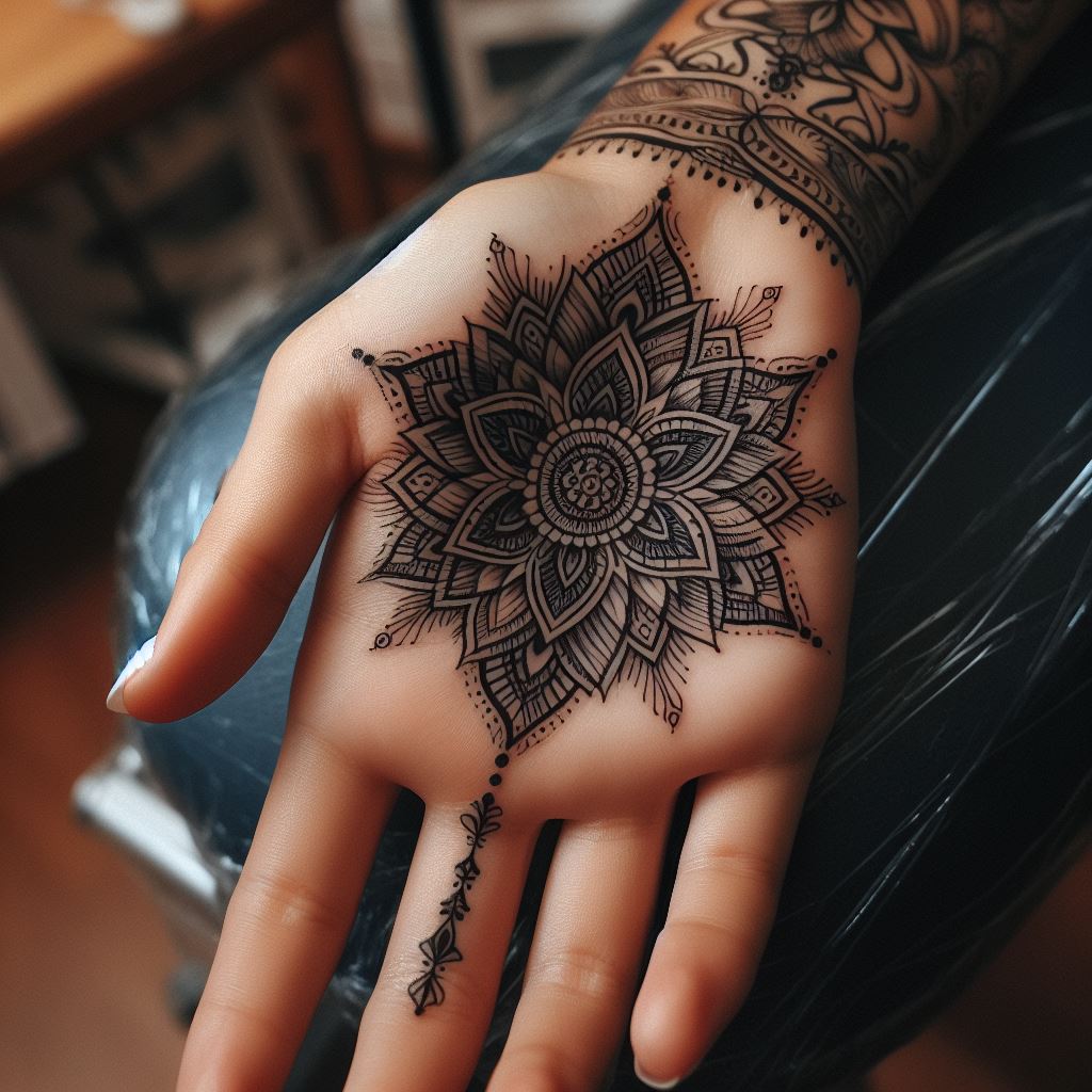 A delicate mandala tattoo on the palm, intricately designed with symmetrical patterns, offering a spiritual symbol of harmony and unity.