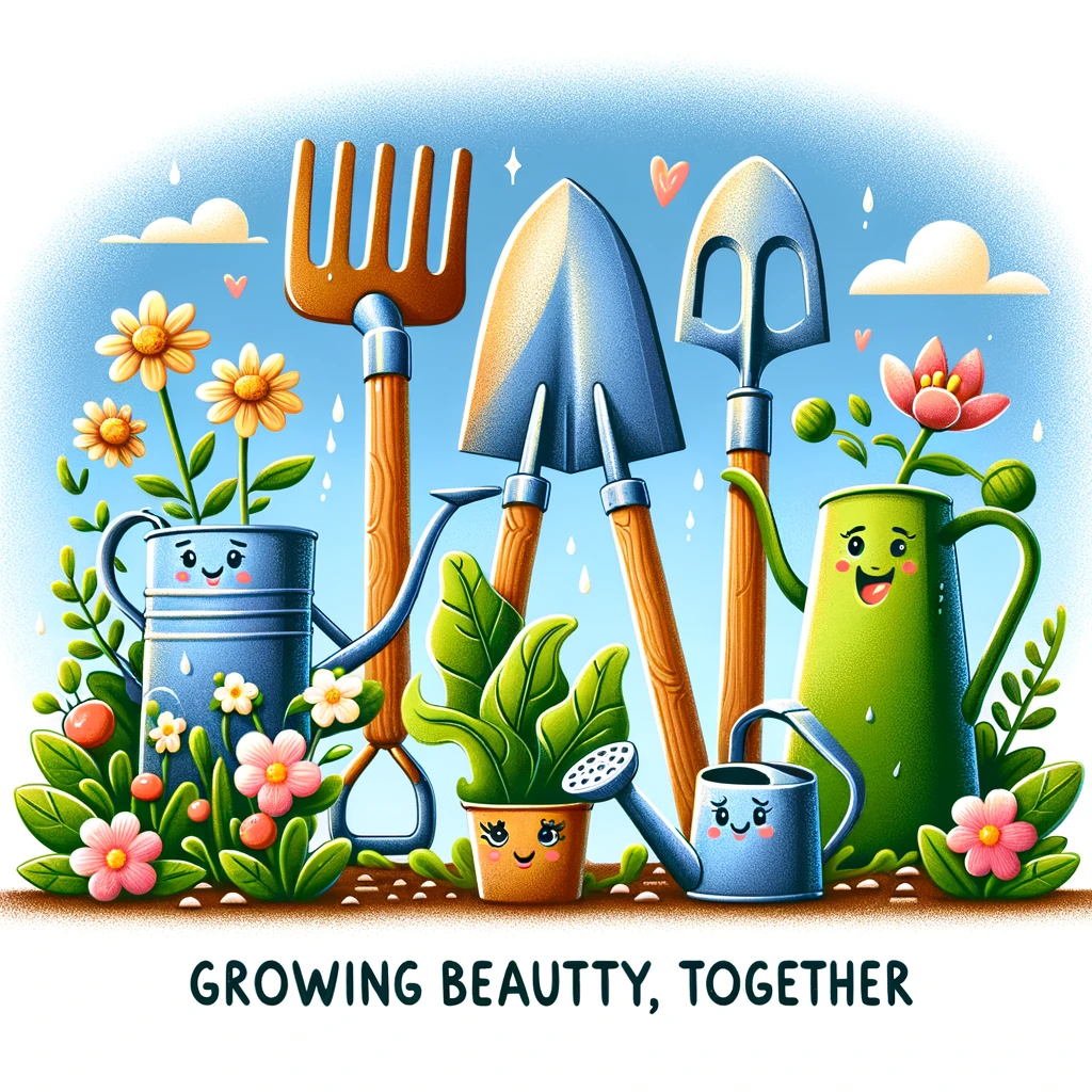 A team of garden tools (shovel, rake, watering can, and shears) with cartoon faces, working together to tend a beautiful garden. Flowers and vegetables are growing well under their care. The caption reads: 'Growing beauty, together.'