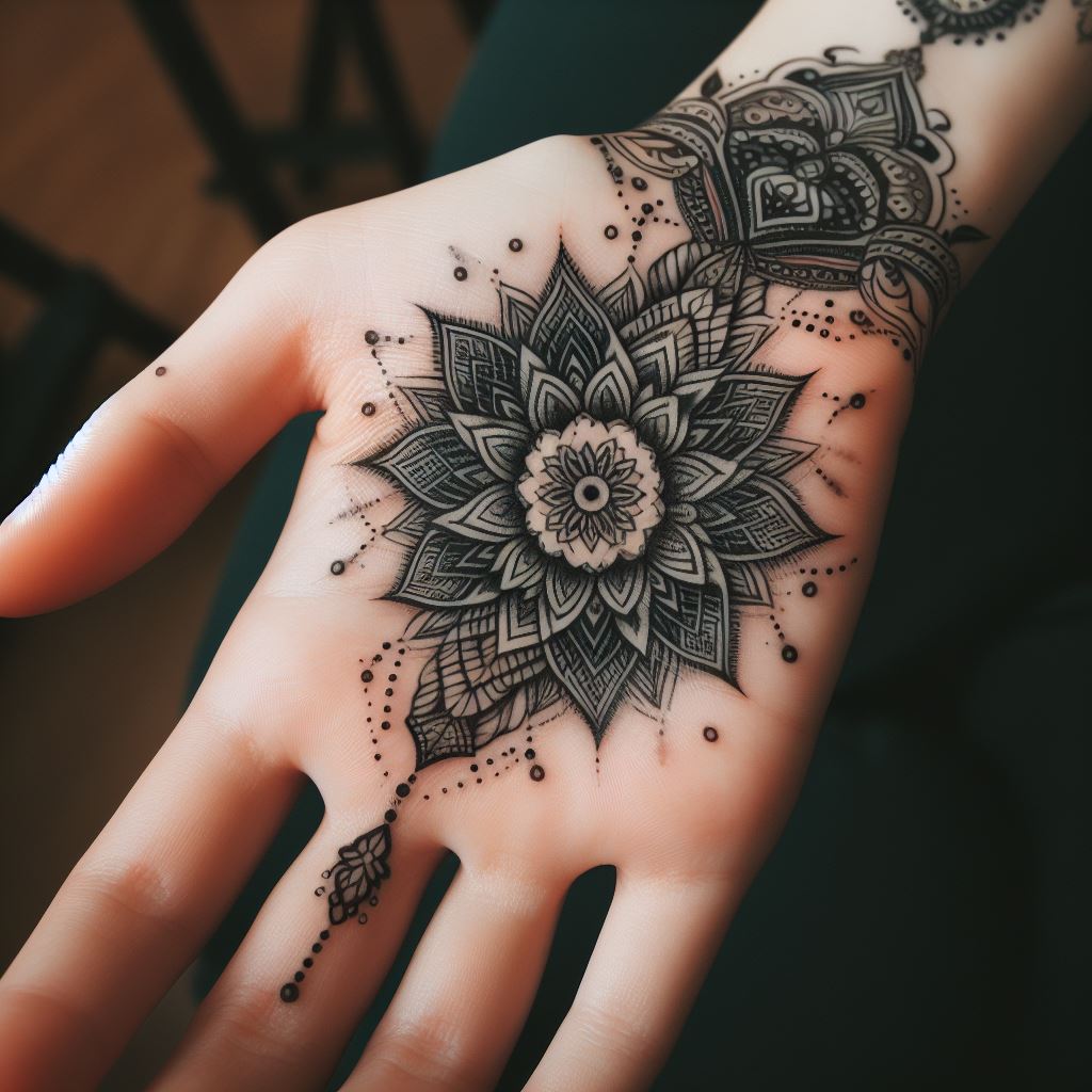 A delicate mandala tattoo on the palm, intricately designed with symmetrical patterns, offering a spiritual symbol of harmony and unity.