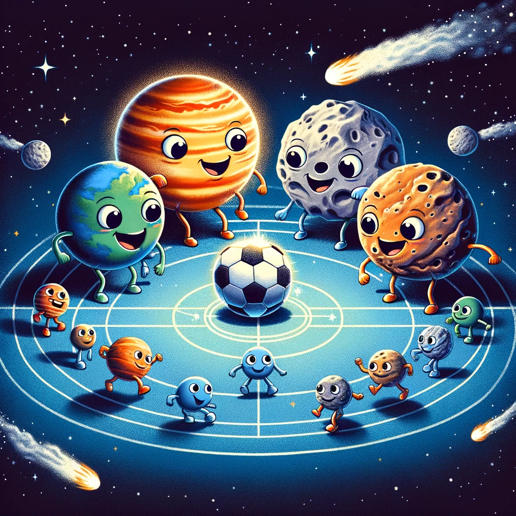 A group of planets from our solar system, with cartoon faces and hands, playing a game of soccer in space, using a comet as the ball. The caption reads: 'Playing by universal rules.'