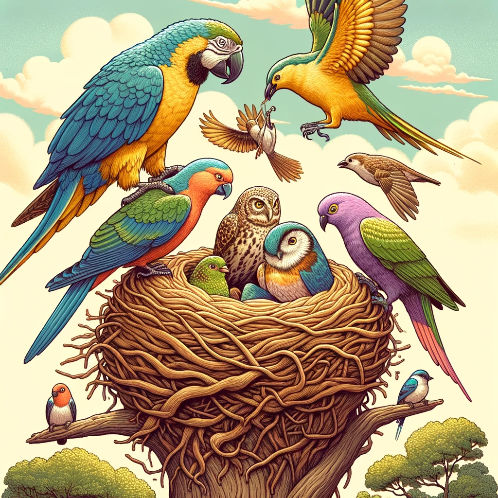 A group of colorful birds, including a parrot, a peacock, a sparrow, and an owl, working together to build a large, sturdy nest on top of a tree. The caption reads: 'Feathered friends, building a future.'