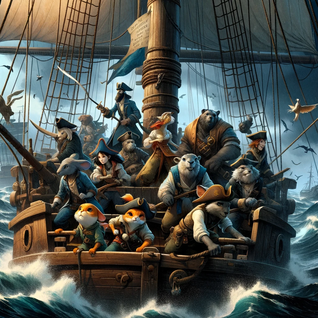 A crew of pirates, including humans and anthropomorphic animals, working together to navigate their ship through a stormy sea. The caption reads: 'All hands on deck for adventure.'