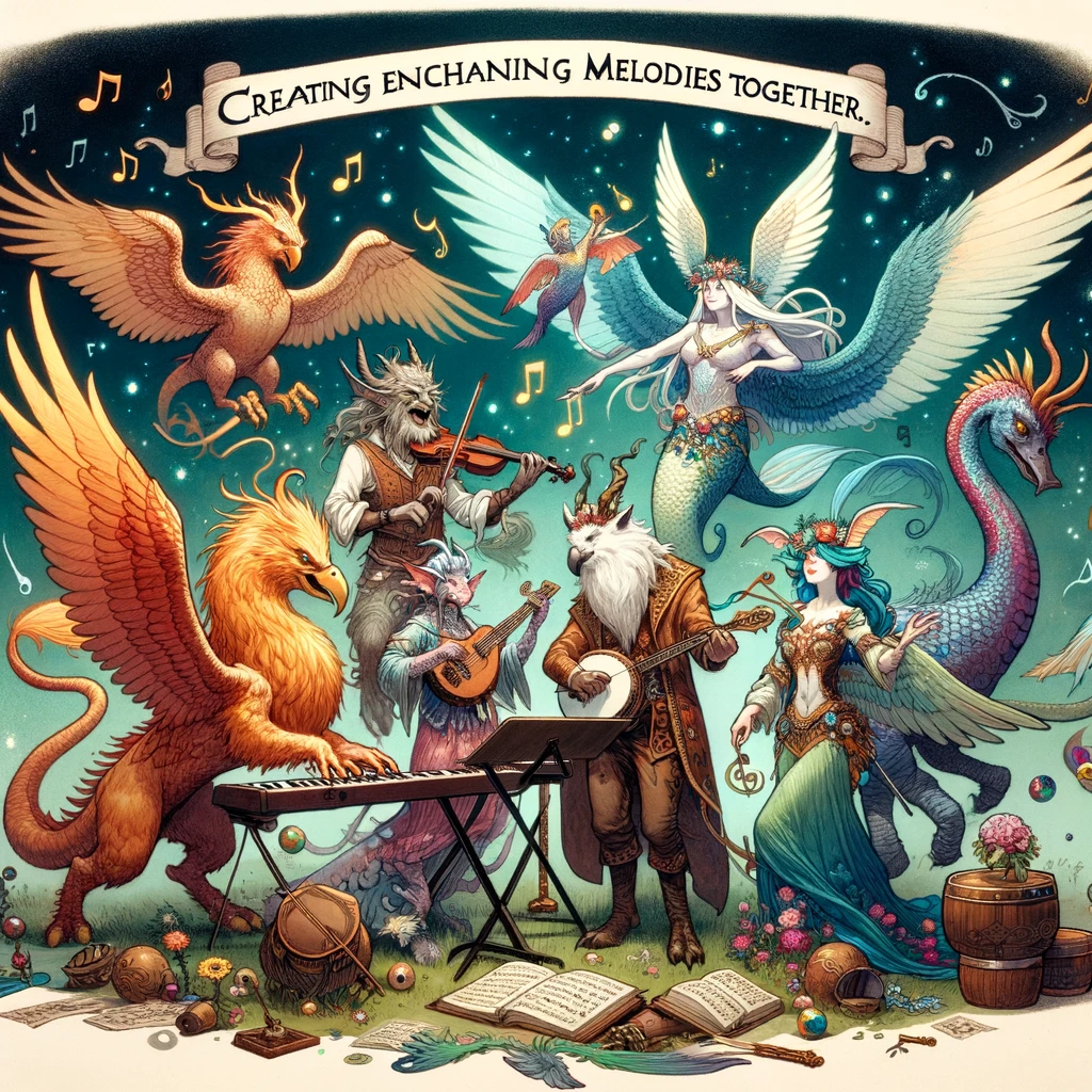 A group of mythical creatures, including a phoenix, a centaur, a mermaid, and a griffin, forming a band and playing magical instruments at a fantasy music festival. The caption reads: 'Creating enchanting melodies together.'