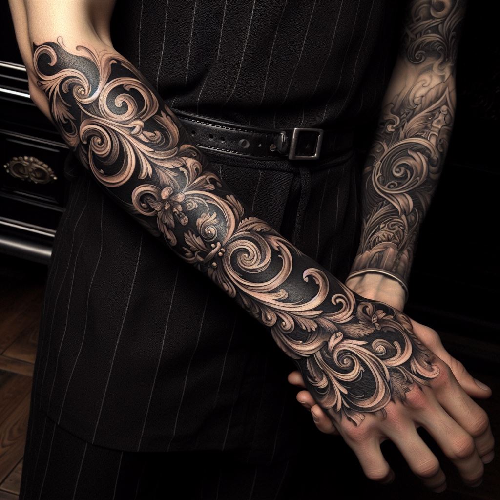 A baroque-inspired tattoo on the forearm extending to the hand, featuring ornamental scrolls and flourishes for an elegant, vintage look.