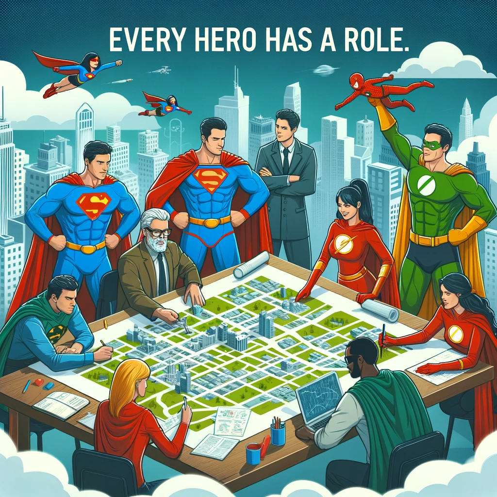 A diverse group of superheroes, each with different powers, strategizing over a city map to save the day. The caption reads: 'Every hero has a role.'