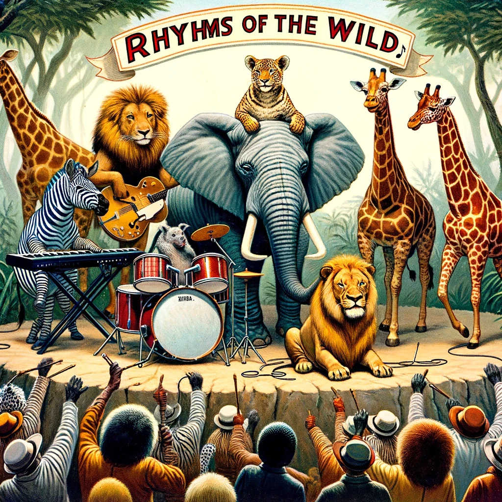 A group of animals from the savannah, including a zebra, elephant, lion, and giraffe, playing in a band at a jungle festival. The caption reads: 'Rhythms of the wild.'