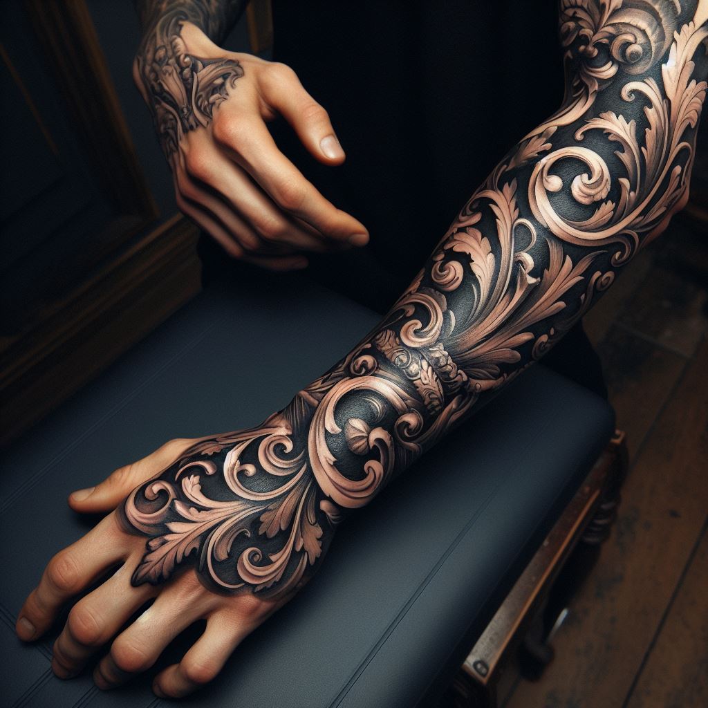 A baroque-inspired tattoo on the forearm extending to the hand, featuring ornamental scrolls and flourishes for an elegant, vintage look.