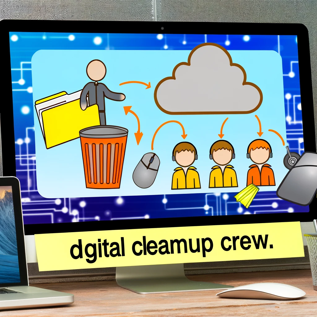 A team of computer icons (folder, trash bin, mouse, and cloud storage) working together to organize digital files on a desktop. The caption reads: 'Digital cleanup crew.'