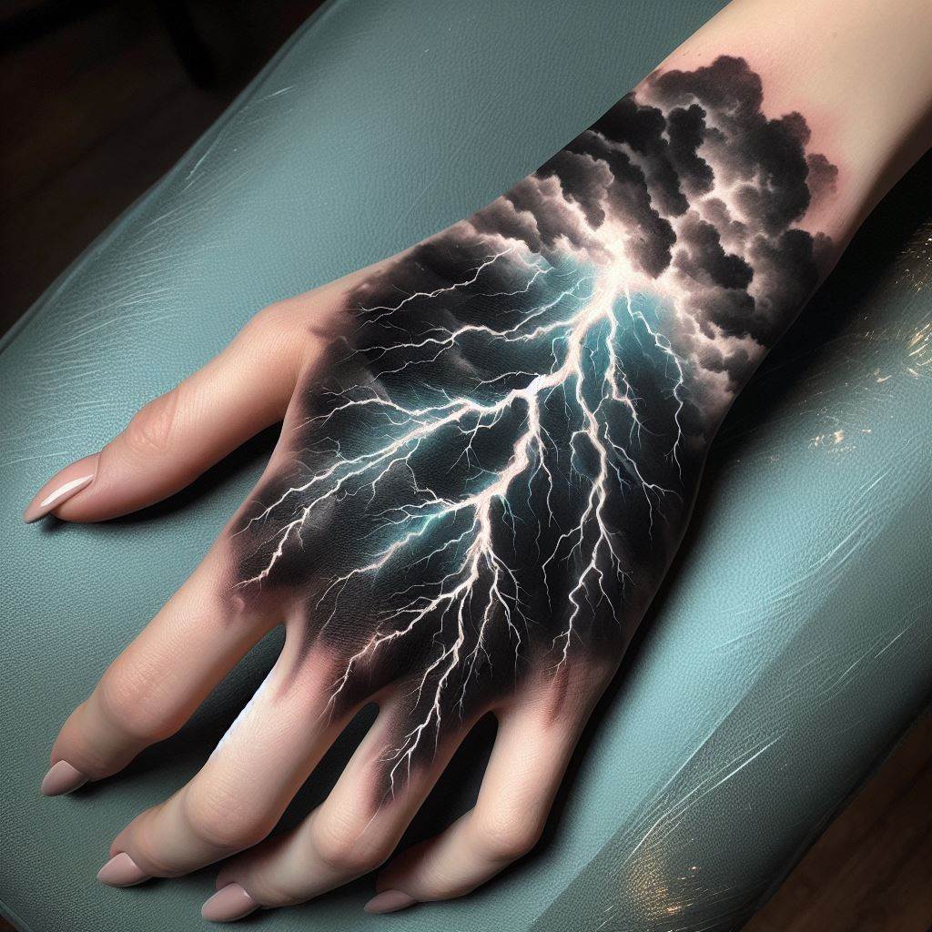 A realistic lightning bolt tattoo on the side of the hand, capturing the dynamic energy and power of a storm.
