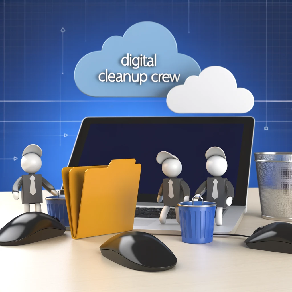 A team of computer icons (folder, trash bin, mouse, and cloud storage) working together to organize digital files on a desktop. The caption reads: 'Digital cleanup crew.'