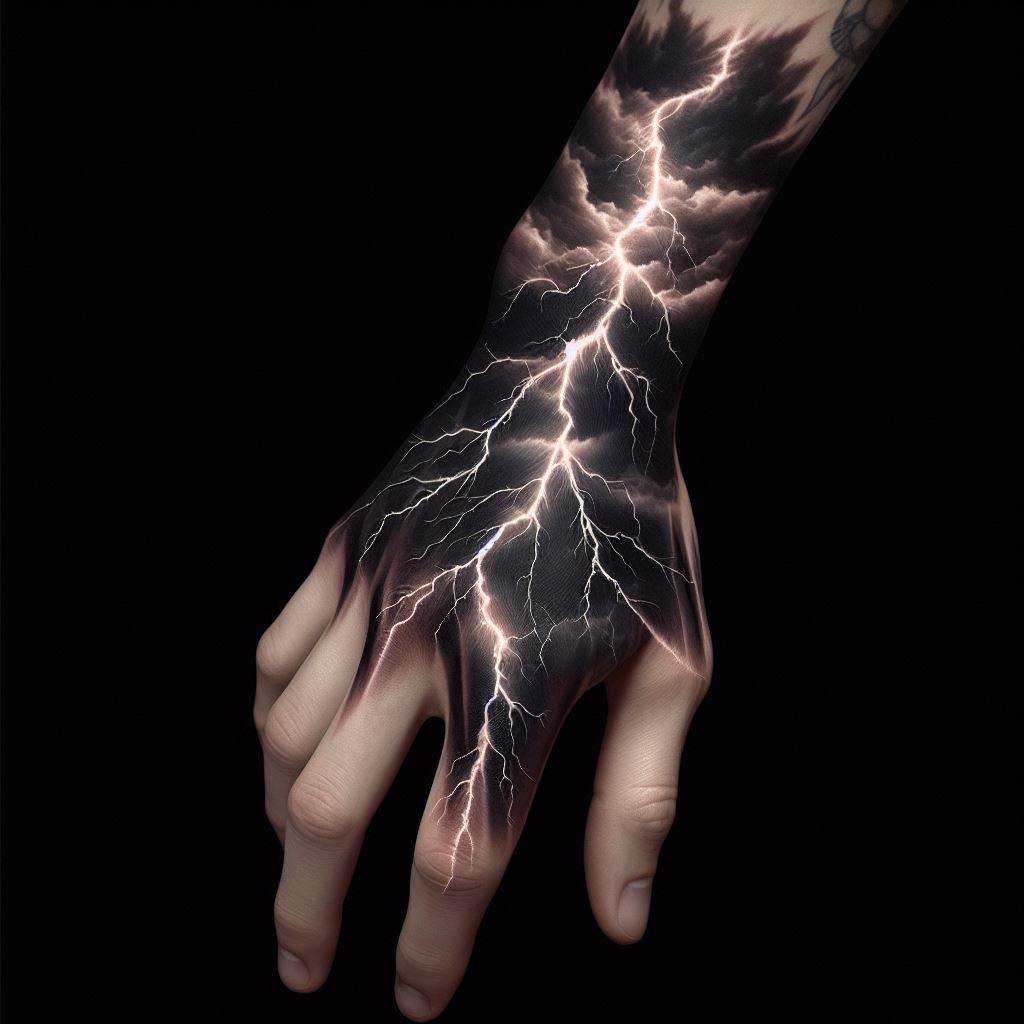 A realistic lightning bolt tattoo on the side of the hand, capturing the dynamic energy and power of a storm.
