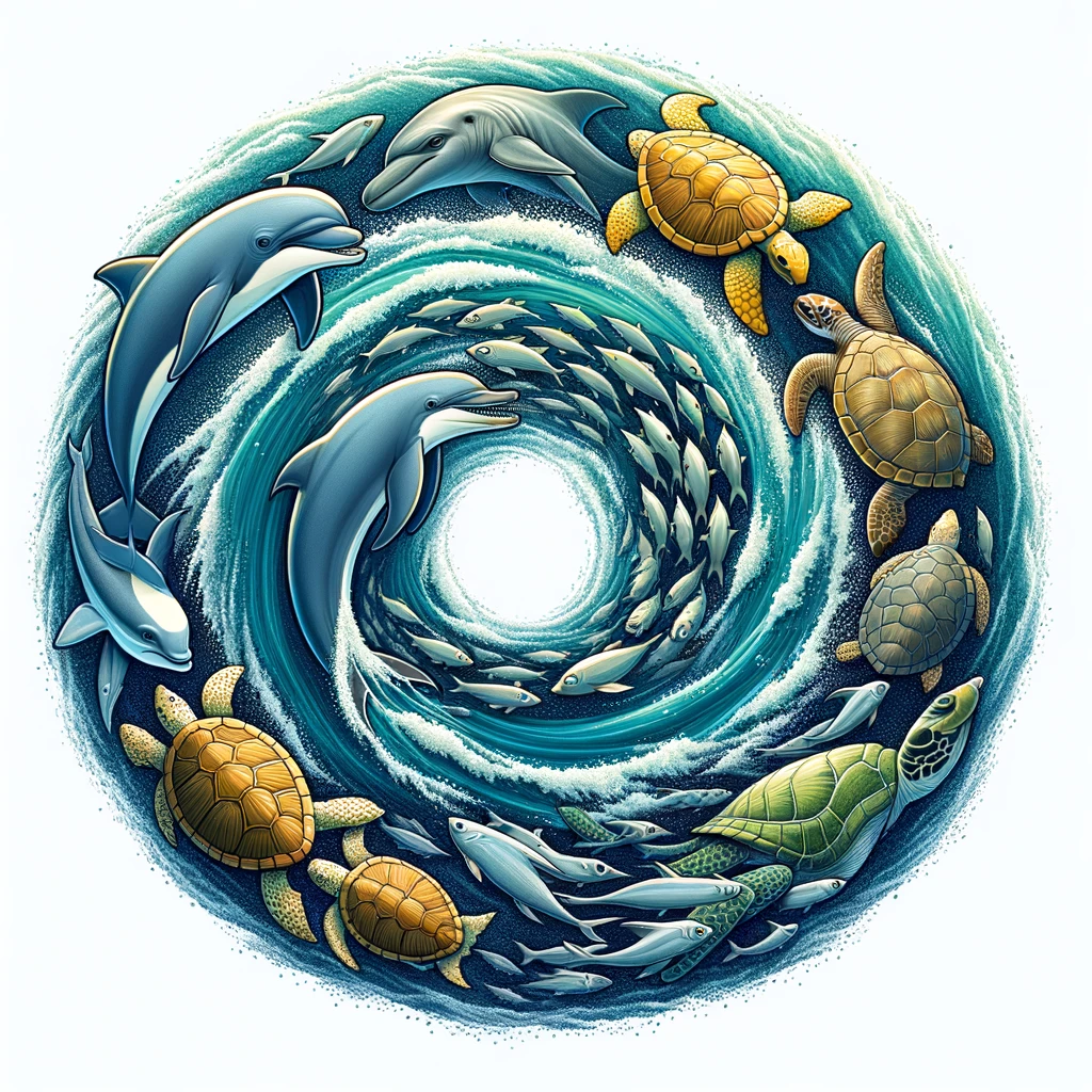 A group of marine animals, including a dolphin, a shark, a turtle, and a school of fish, forming a circle to create a whirlpool to clean the ocean. The caption reads: 'Ocean guardians at work.'