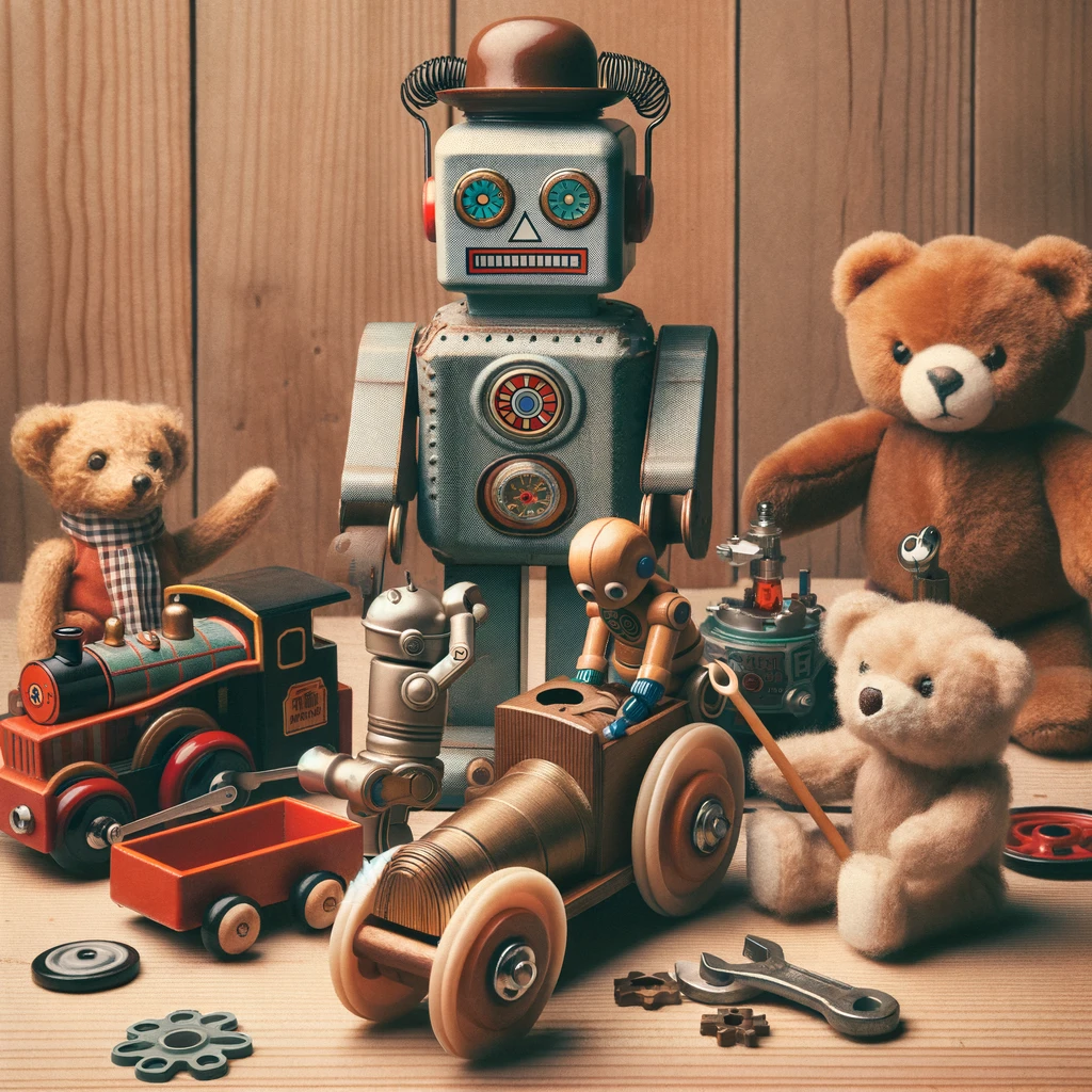 A team of vintage toys, including a wind-up robot, a wooden train, a teddy bear, and a spinning top, fixing a broken toy car together. The caption reads: 'Toy repair squad in action.'