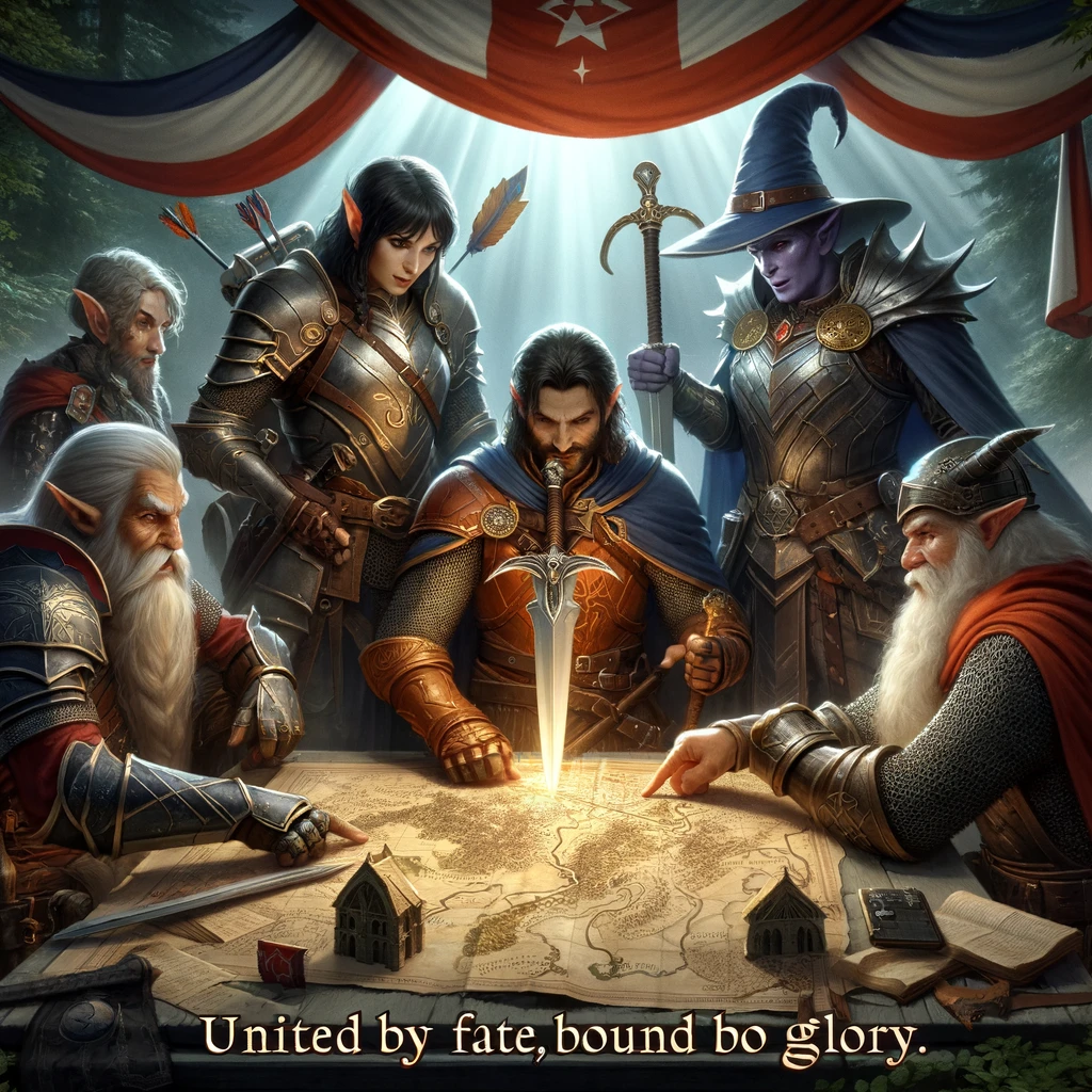 A group of fantasy characters, including an elf, a dwarf, a wizard, and a knight, strategizing over a map before a battle. The caption reads: 'United by fate, bound for glory.'