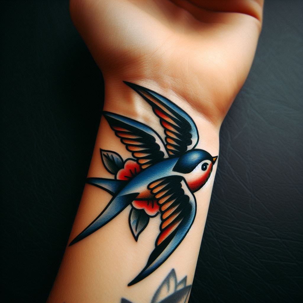An old-school tattoo style swallow on the wrist, with bold lines and classic colors, symbolizing travel and the safe return home.