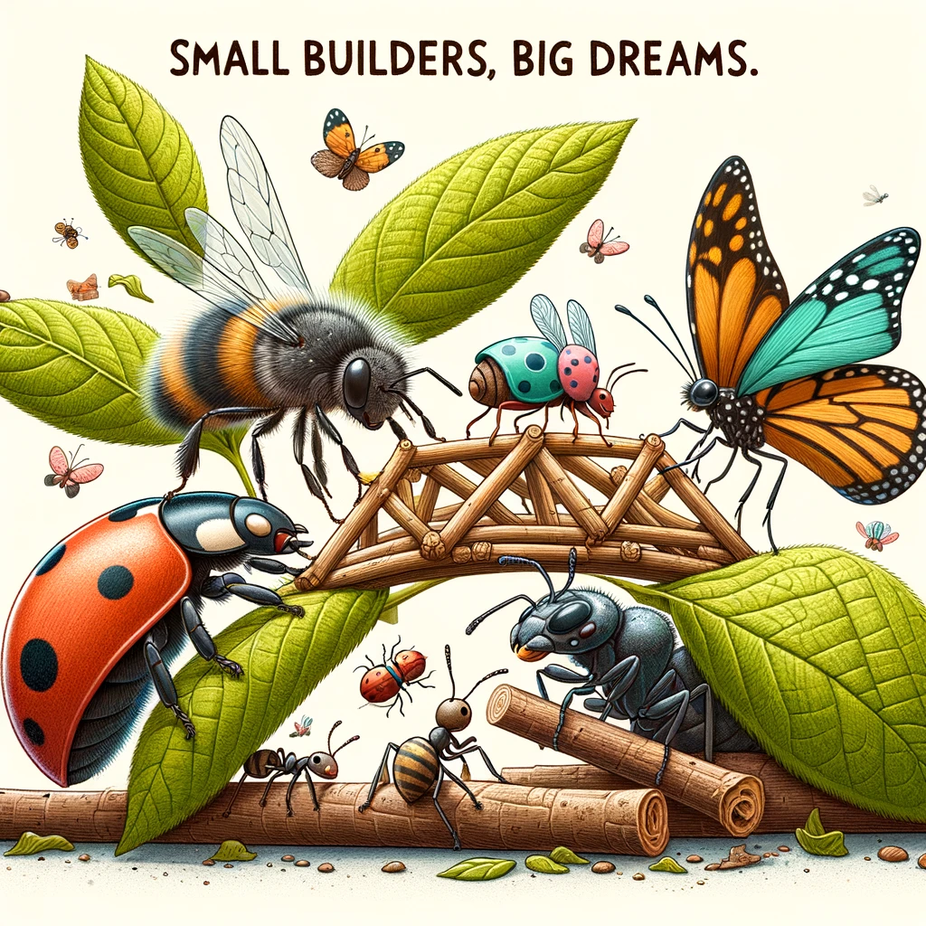 A team of insects, including a bee, an ant, a ladybug, and a butterfly, working together to build a bridge out of leaves and sticks. The caption reads: 'Small builders, big dreams.'
