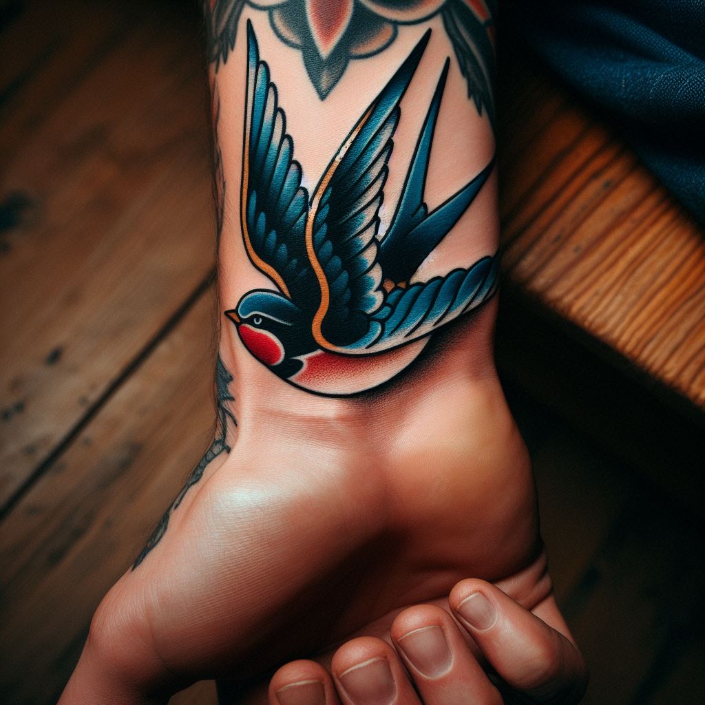 An old-school tattoo style swallow on the wrist, with bold lines and classic colors, symbolizing travel and the safe return home.