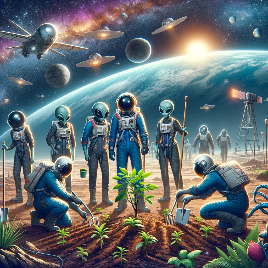 A team of outer space explorers, including humans and aliens, working together to plant a garden on a new planet. The caption reads: 'Cultivating hope on new ground.'
