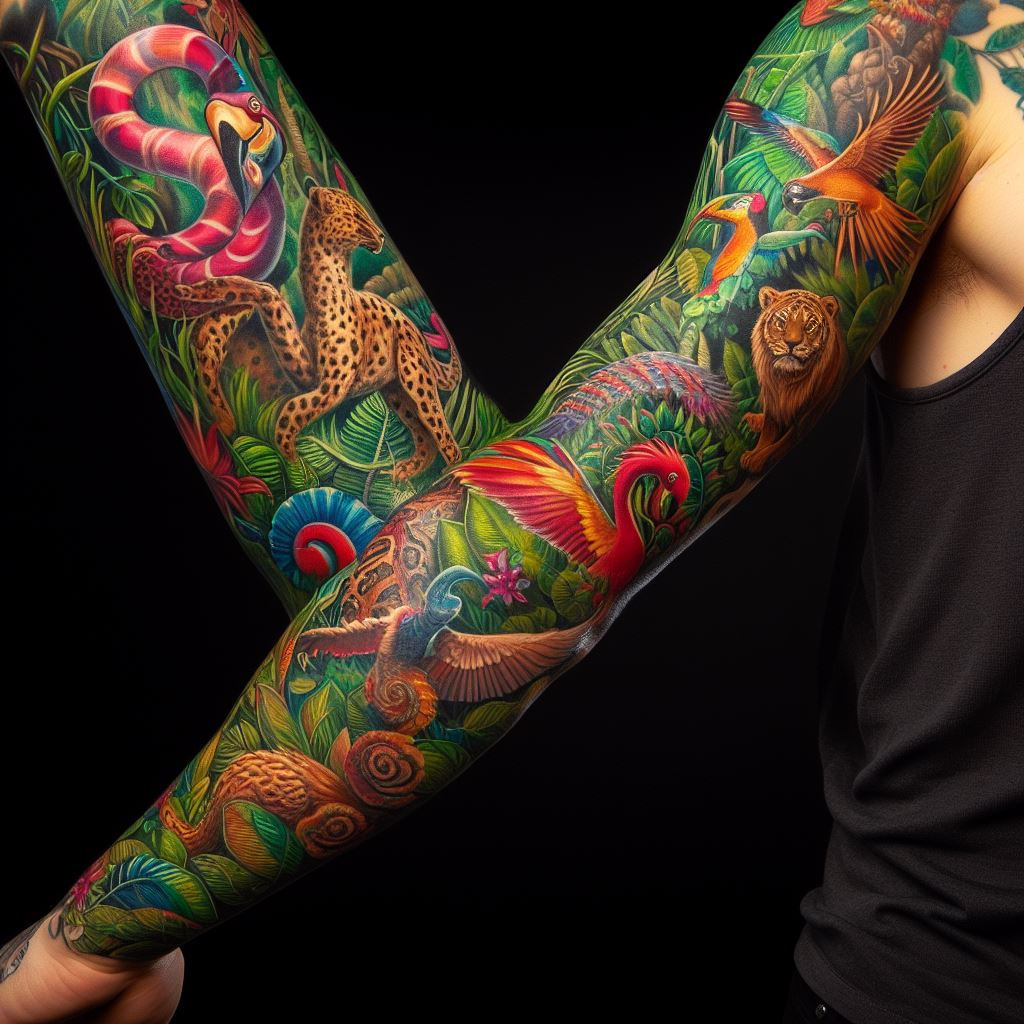 A colorful sleeve tattoo featuring a vibrant jungle scene with exotic animals and lush foliage, wrapping around the entire arm.