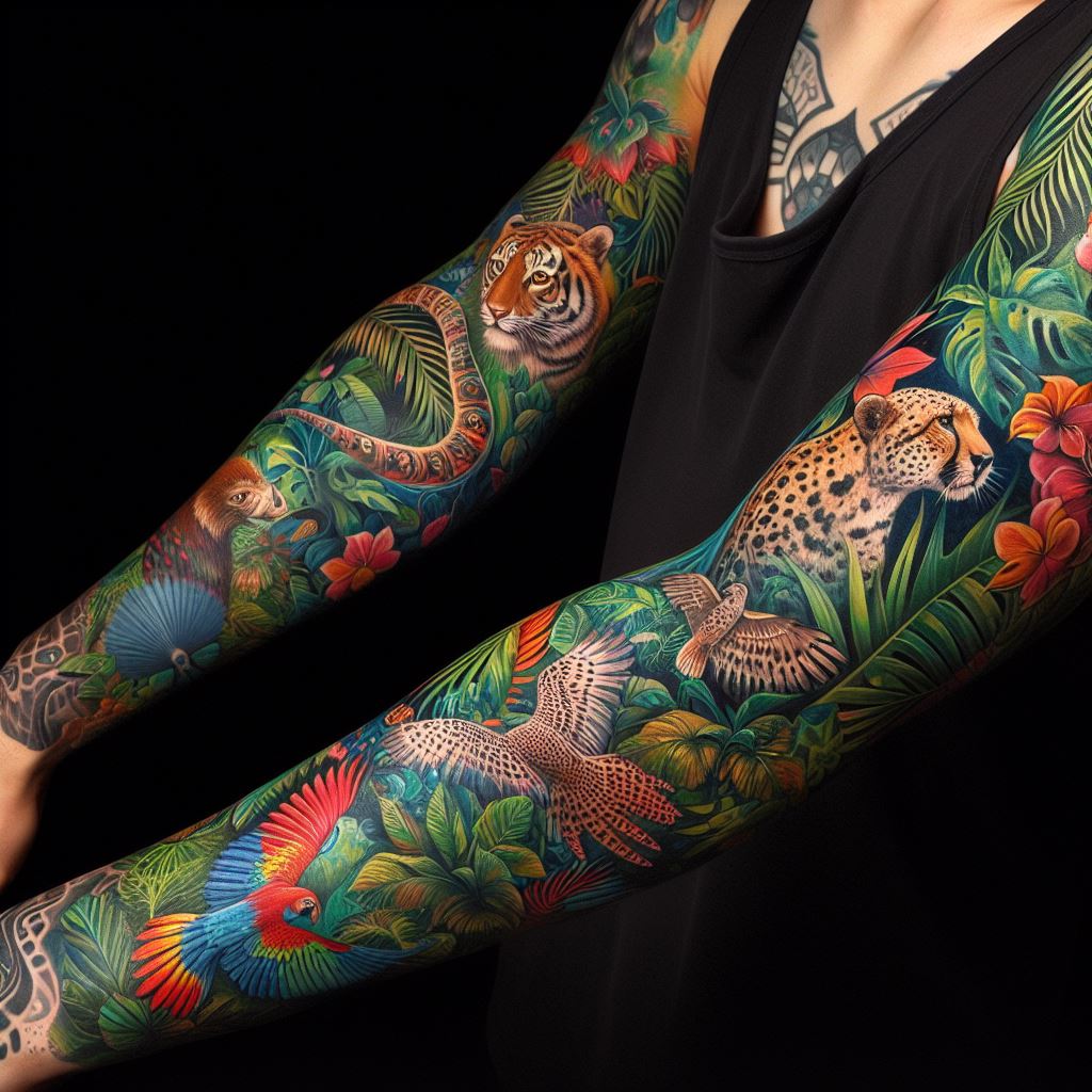 A colorful sleeve tattoo featuring a vibrant jungle scene with exotic animals and lush foliage, wrapping around the entire arm.
