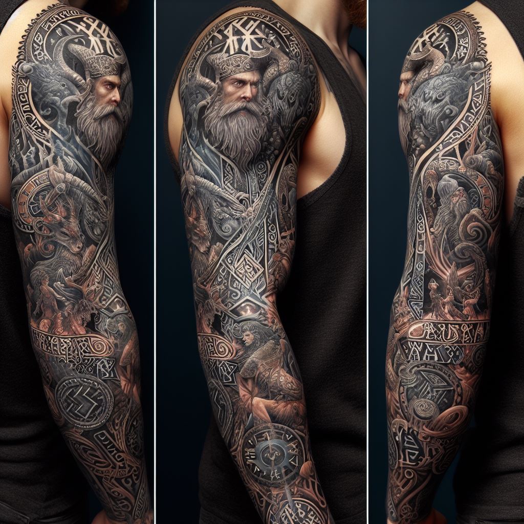 An intricate sleeve tattoo depicting a Norse mythology theme, including gods, runes, and mythical creatures, covering the lower arm.