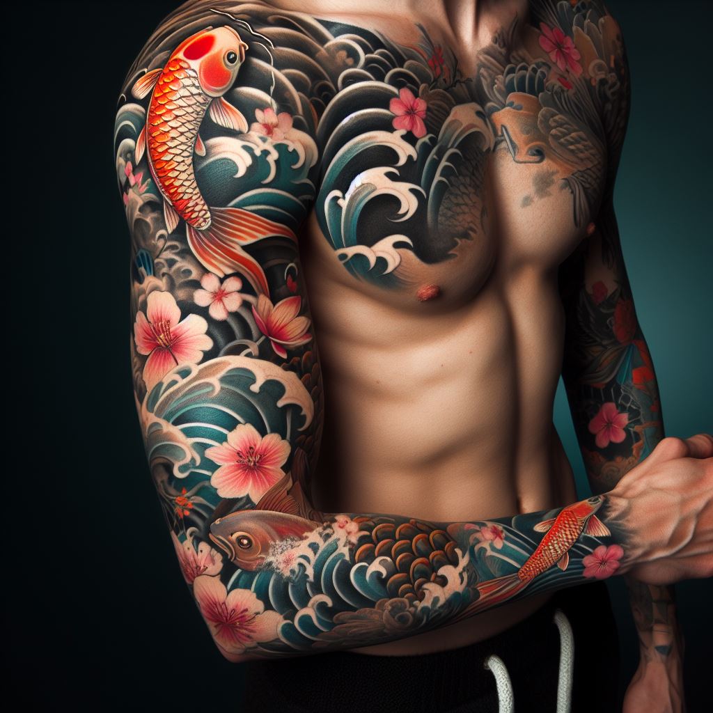 A sleeve tattoo showcasing a Japanese traditional style, with koi fish, cherry blossoms, and waves, extending from the shoulder to the wrist.