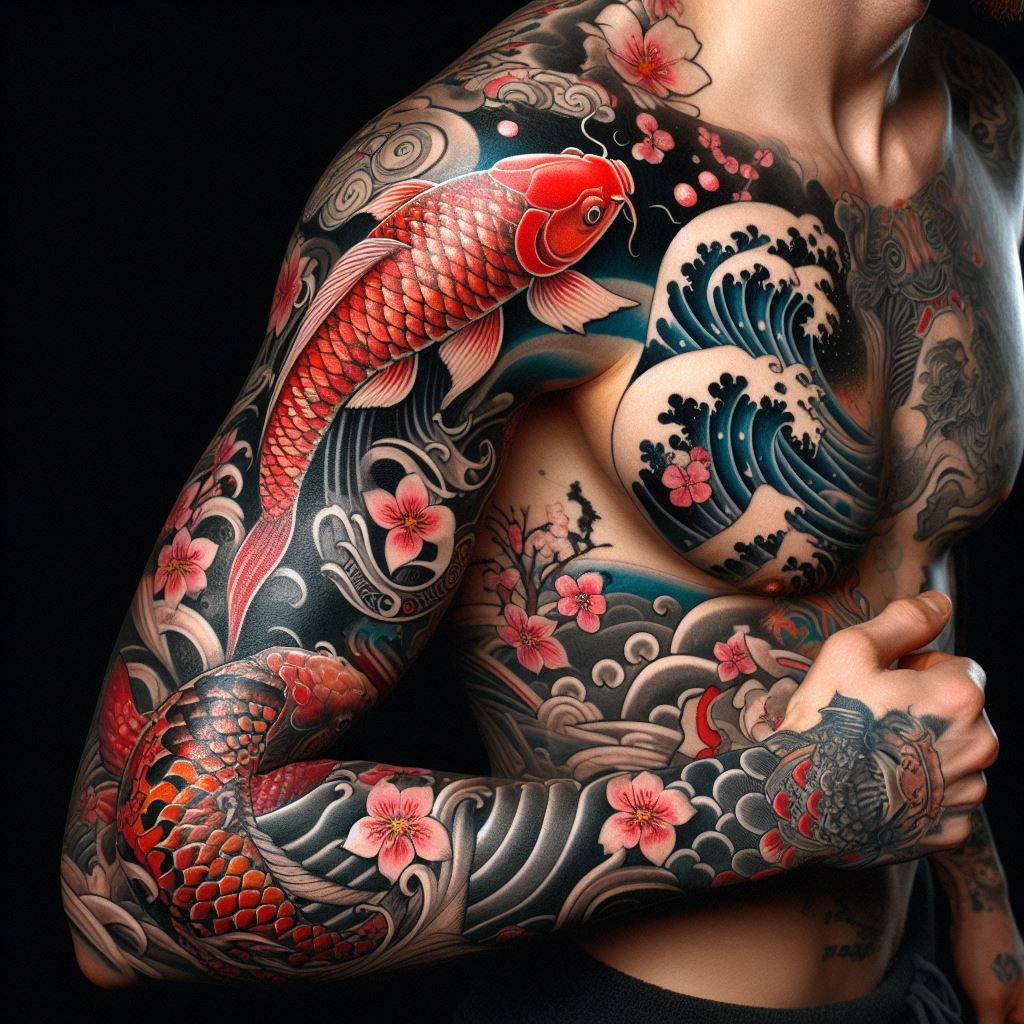 A sleeve tattoo showcasing a Japanese traditional style, with koi fish, cherry blossoms, and waves, extending from the shoulder to the wrist.