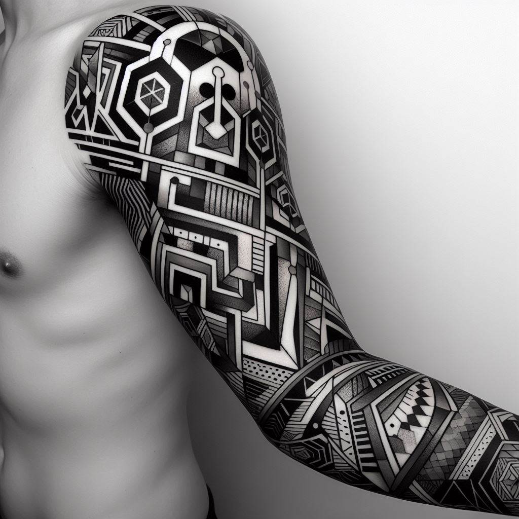 An abstract geometric sleeve tattoo with black and gray shapes and patterns, designed for the upper arm.