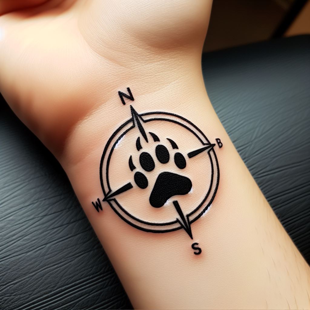 A small, circular tattoo on the wrist featuring a bear paw enclosed within a compass design. The north star is prominently placed above the paw, guiding the way. This compact tattoo symbolizes guidance, protection, and the journey of life. The design is clean and minimalistic, with clear lines defining the compass and paw, making it perfect for someone who values direction and support in their endeavors.