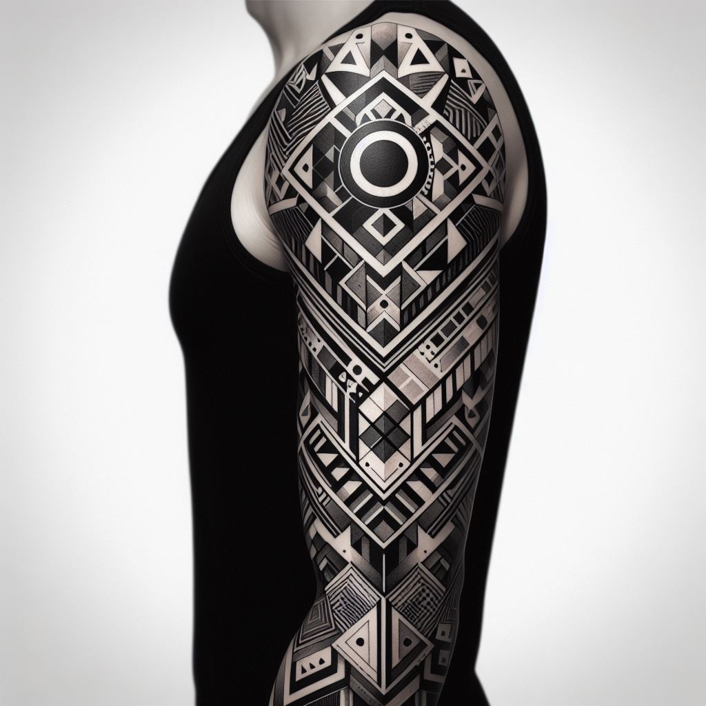 An abstract geometric sleeve tattoo with black and gray shapes and patterns, designed for the upper arm.