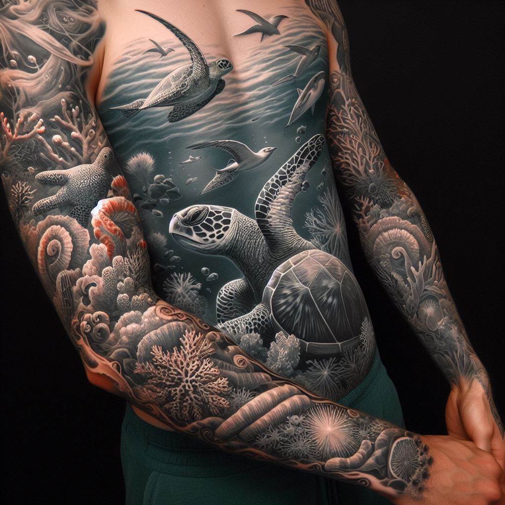 An ocean-themed sleeve tattoo with detailed marine life, such as turtles, sharks, and coral reefs, covering the forearm.