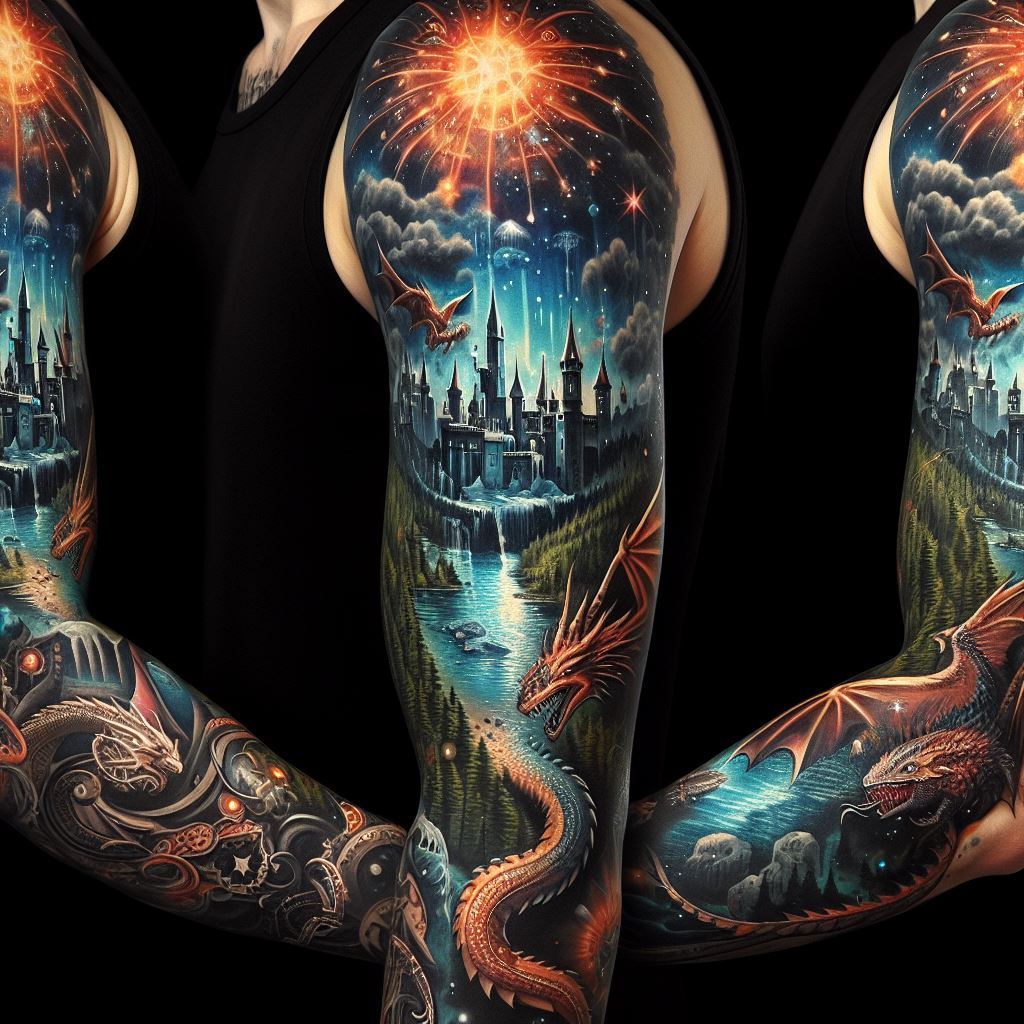 A sleeve tattoo illustrating a fantasy landscape with dragons, castles, and magical elements, designed for the full arm.