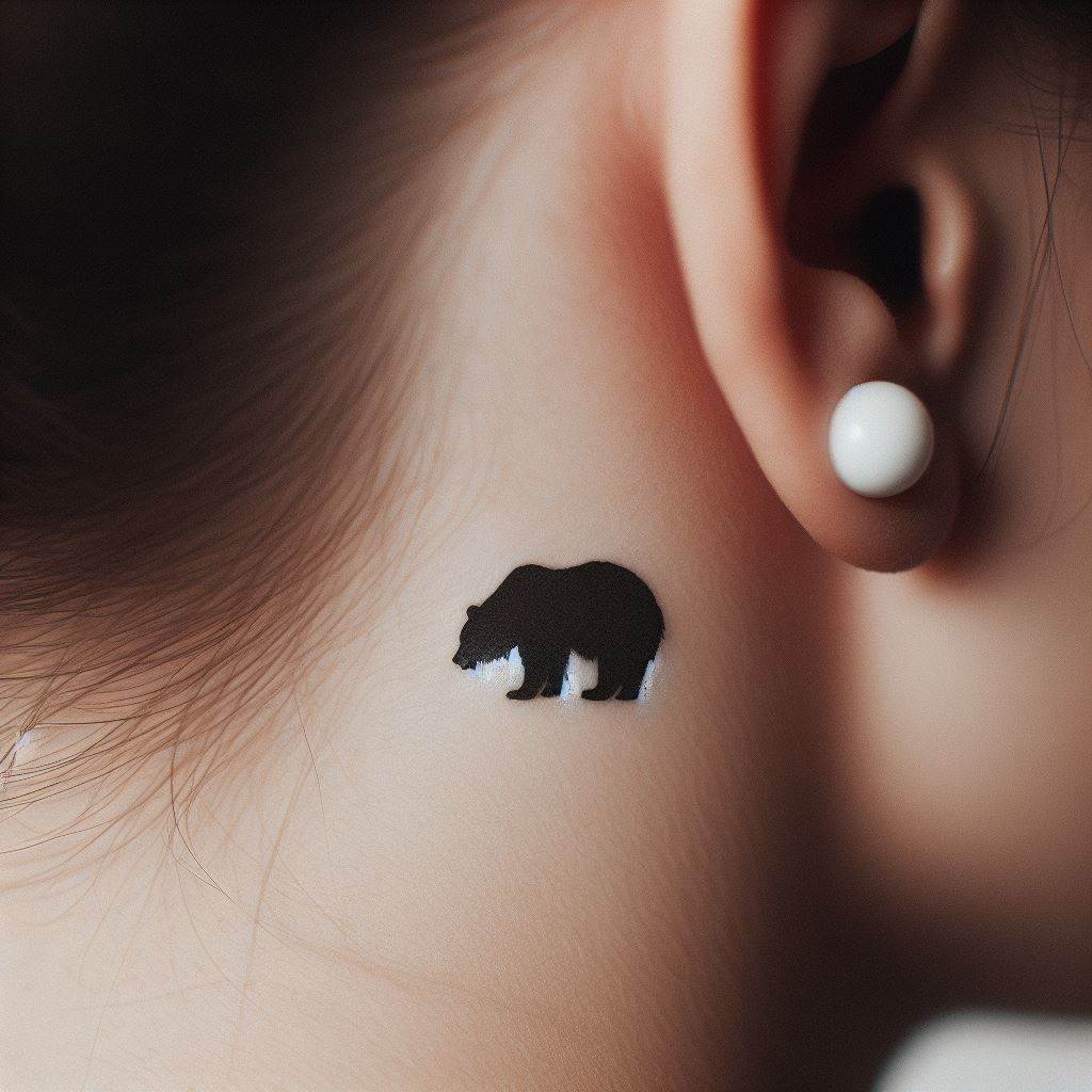 A small, whisper-thin silhouette of a bear standing upright, tattooed just behind the ear. This subtle tattoo is almost hidden, yet reveals a powerful symbol of strength and independence when noticed. The simplicity of the bear's outline against the skin, without any intricate details, speaks volumes about finding courage and standing strong, echoing the bear's symbolic meanings in a minimalist fashion.