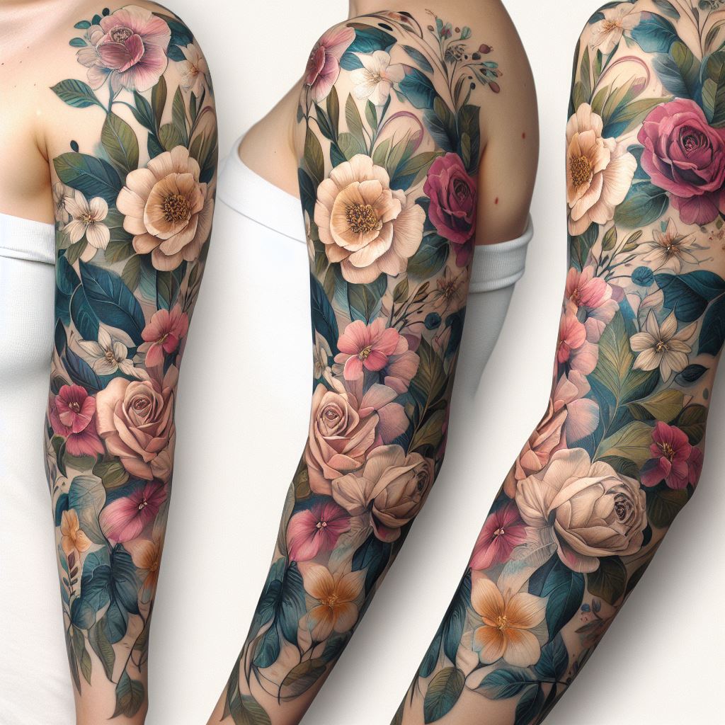 An elegant floral sleeve tattoo with a variety of flowers and leaves in a watercolor style, wrapping around the arm.