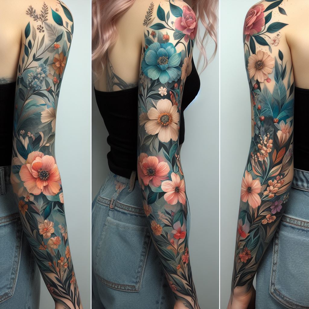 An elegant floral sleeve tattoo with a variety of flowers and leaves in a watercolor style, wrapping around the arm.