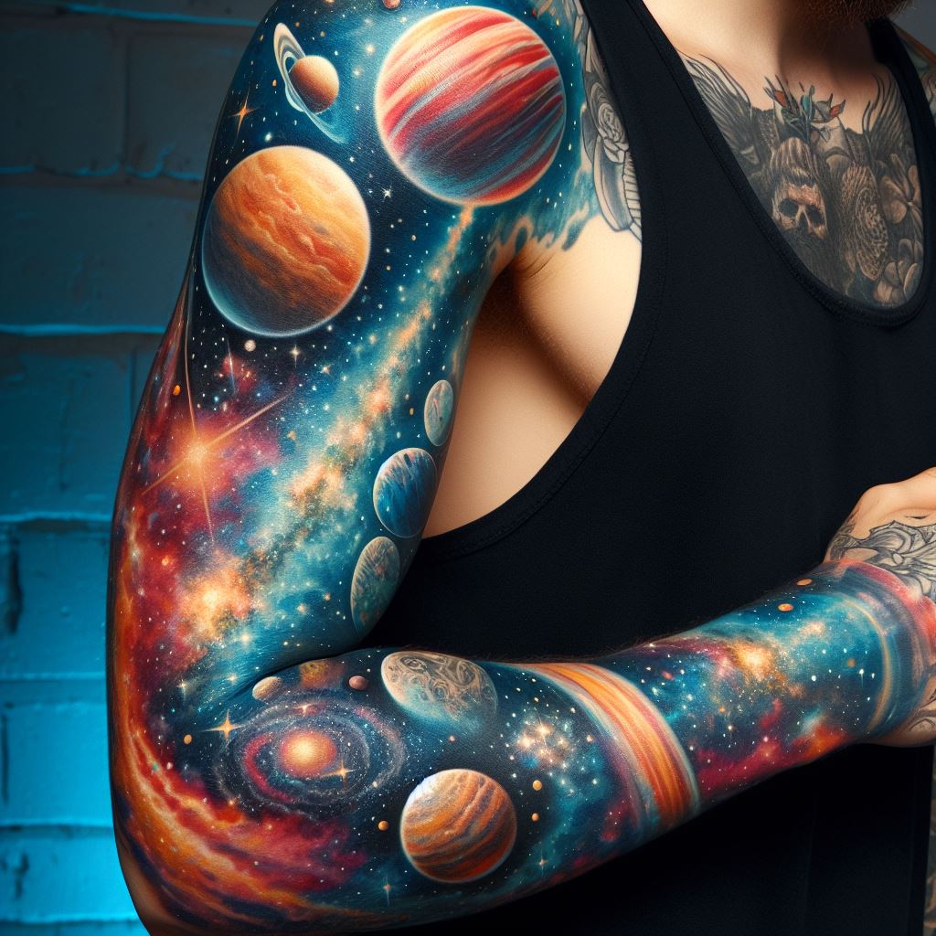 A sleeve tattoo with a space theme, including planets, stars, and galaxies in vibrant colors, covering the arm from shoulder to wrist.